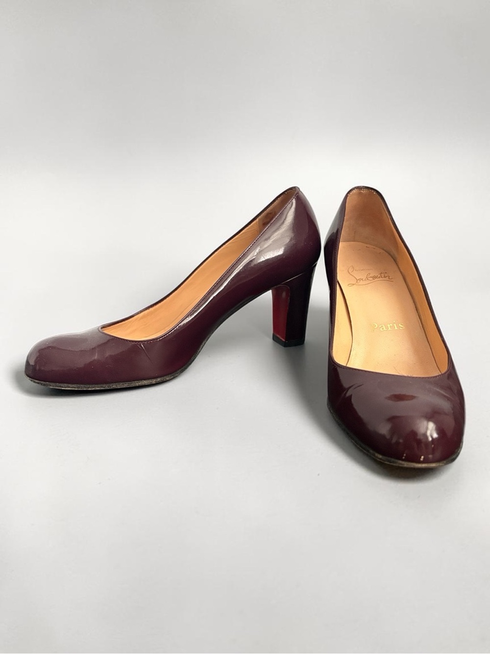 Christian Louboutin Patent Bordeaux Pumps – Round Toe – Red Sole – Size 36